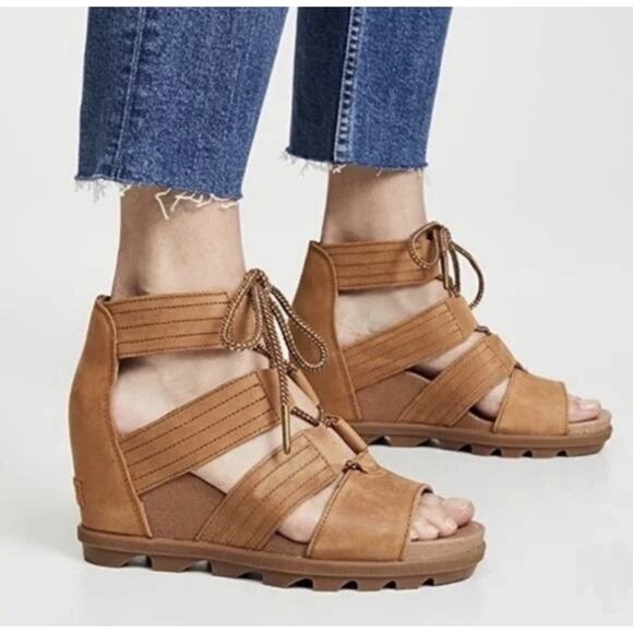 Sorel Shoes - SOREL JOANIE II TAN Leather BROWN LACE WEDGE SANDALS Sz 7.5